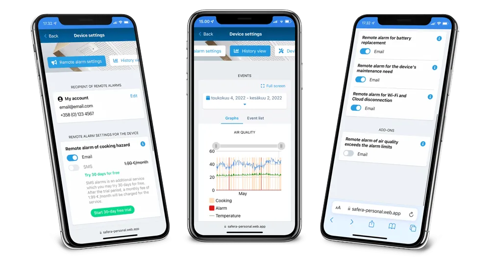 Safera Cloud with remote alarms, maintenance notifications and data history view.