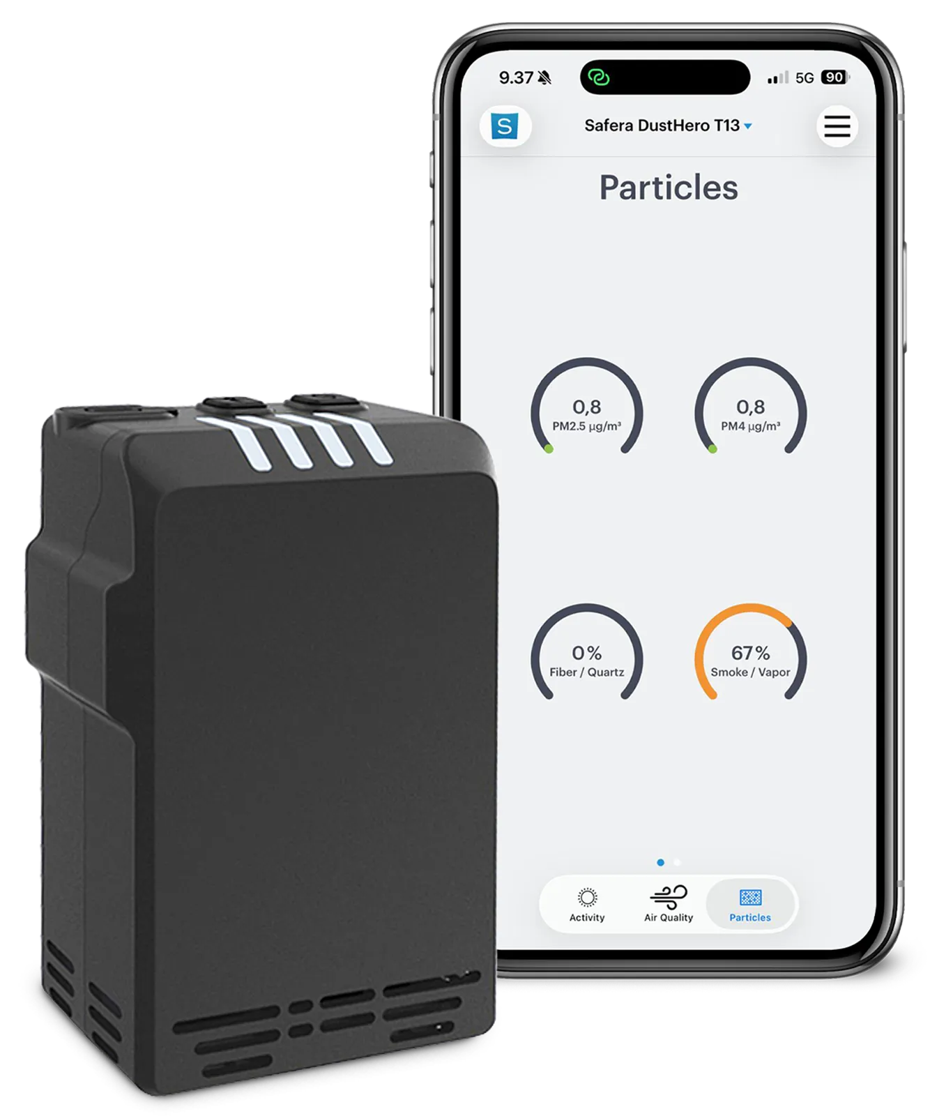 Safera DustHero mobile app showing particulate matter concentrations in real time