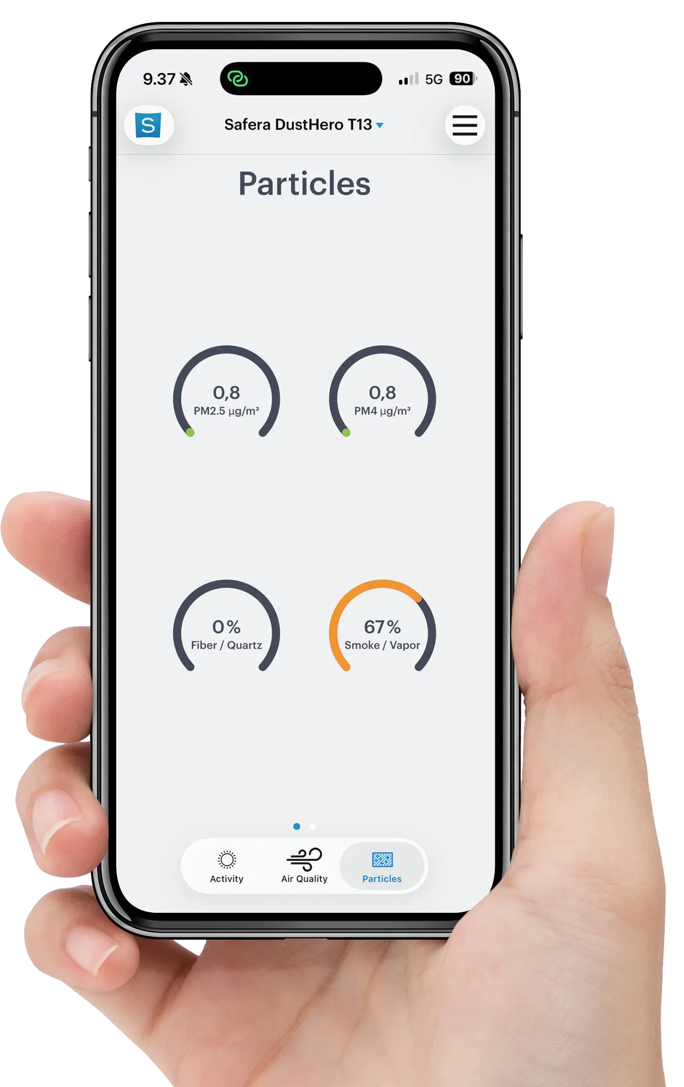Safera DustHero mobile app showing particulate matter concentrations in real time