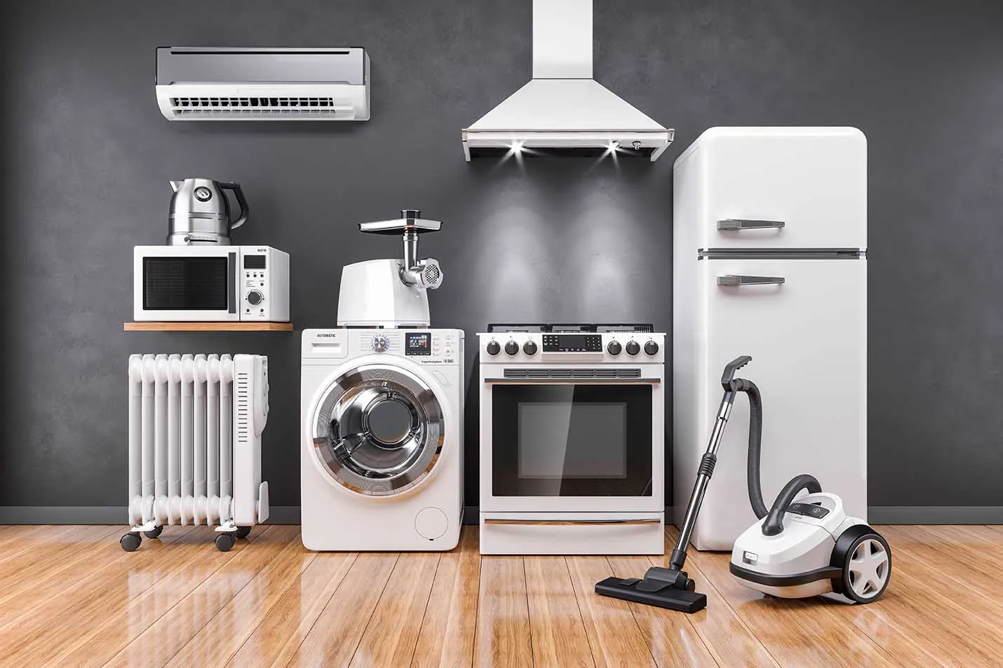 Set of home kitchen appliances in the room on the wall background 3D